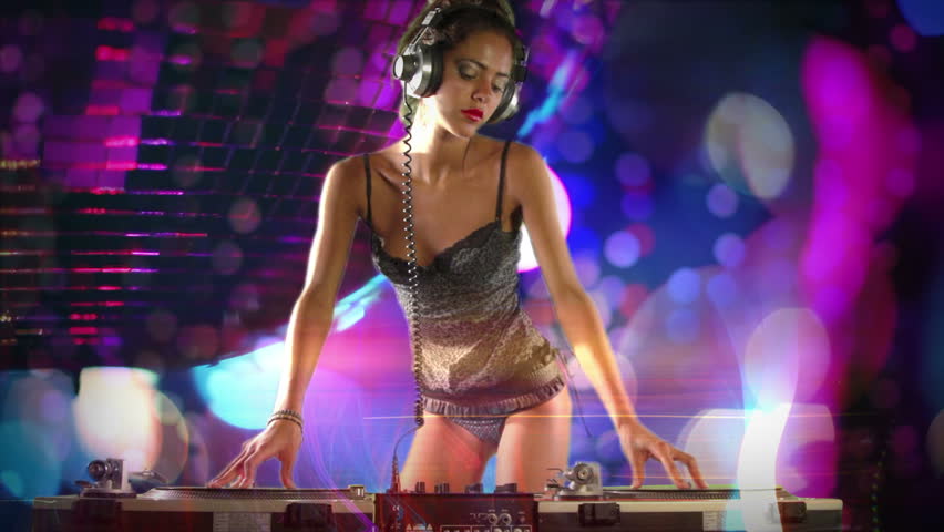 A Sexy Female Dj Dancing And Playing Records With Disco Style Background Stock Footage Video