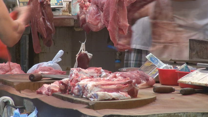 Woman Buy Fresh Meat Street Market Hong Kong China Stock Footage