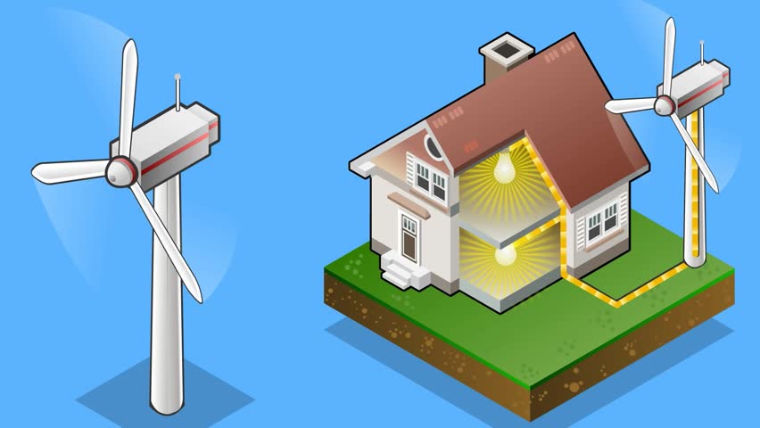 Animation Of A Isometric House With Wind Turbine In Production Of