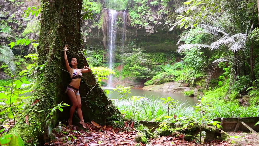Sexy Girl Leaning Huge Tree In Rainforest Background Waterfall Stock