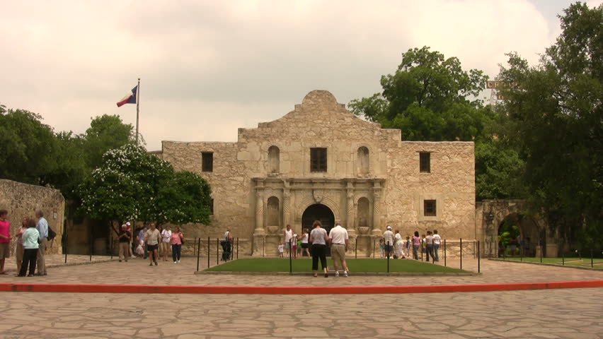 Front Of The Alamo Shrine In San Antonio Texas. Texas Flag. Emily