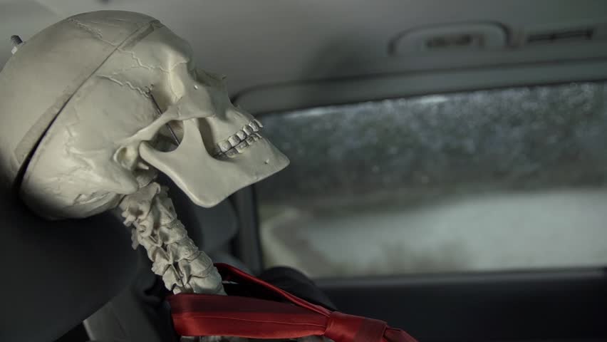 Dead Person Skeleton In The Backseat Of A Moving Car Close Up On Head