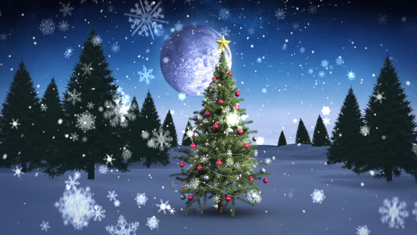 Digital Animation Of Santa And His Sleigh Flying Over Snowy Christmas