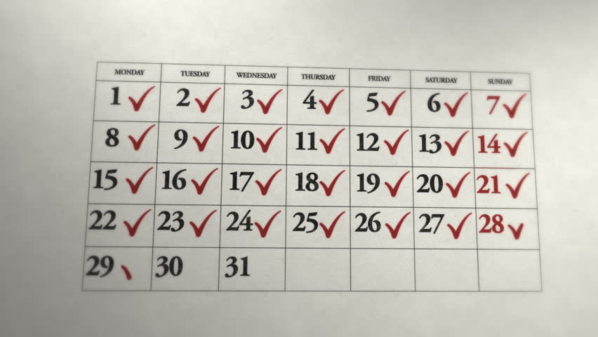 animated calendar month showing days being crossed off calendar check off