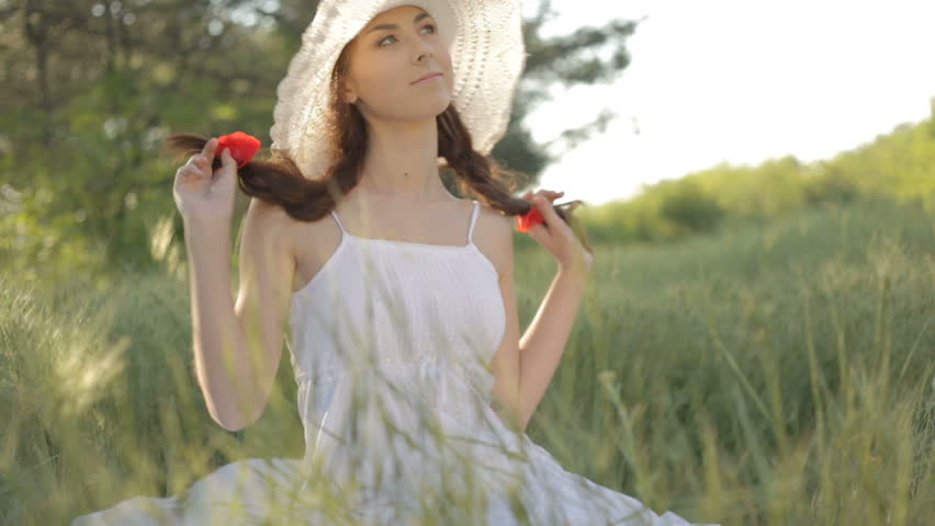 Young Woman With Bouquet Of Wild Flowers In Nature Stock Footage Video ...