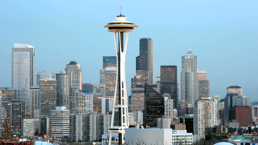 Wide Shot Of Space Needle Tower In Seattle United States Stock Footage ...