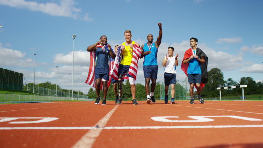 4K Group Of Athletes (disabled & Able Bodied) Celebrate Victory On ...