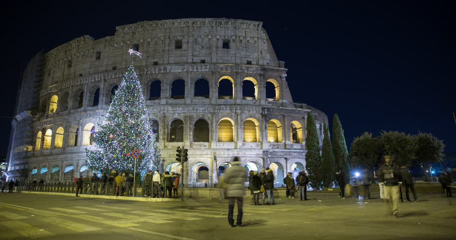 Rome, Italy - Illuminated Colosseo At Night With Christmas Tree ...