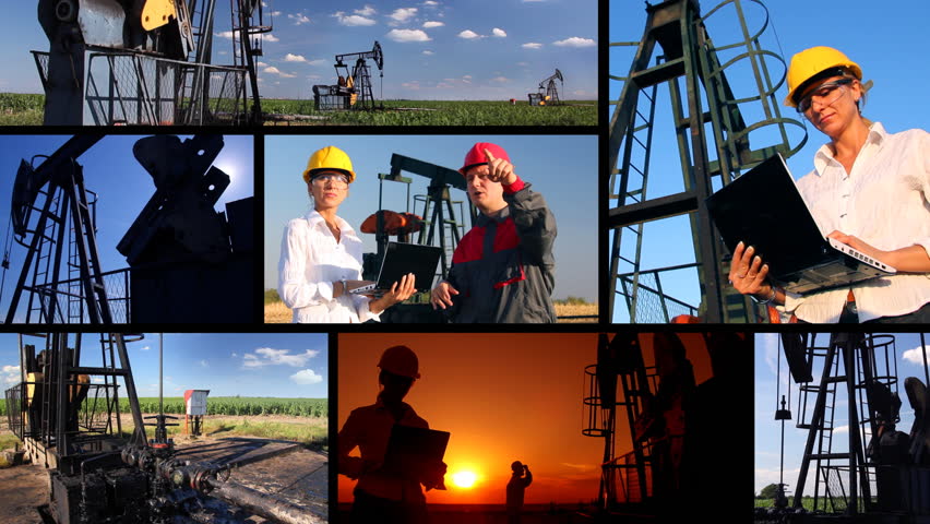 Workers In An Oilfield, Split Screen. Female Engineer And Oil Man ...