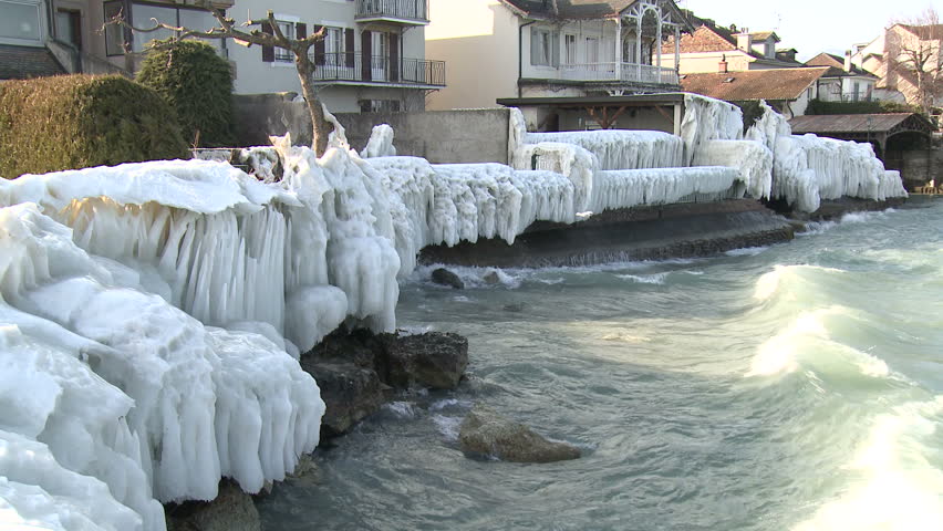 Extreme Ice Storm Hits Lake Shore. Thick Ice Coats The Shore Of Lake ...