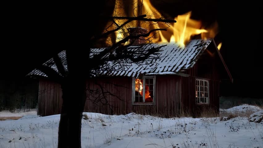 Small Wooden Shack On Fire In Winter Evening. Stock Footage Video ...