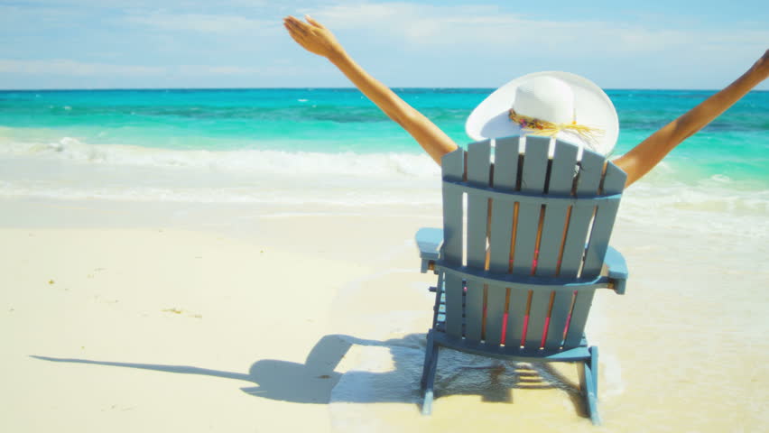 Girl In Sun Hat Sitting Wood Beach Chair Celebrating Achieving Her ...