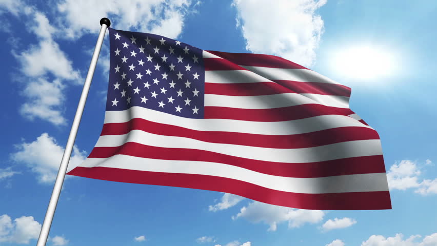 American National Flag Waving On Blue Sky Background Stock Footage ...