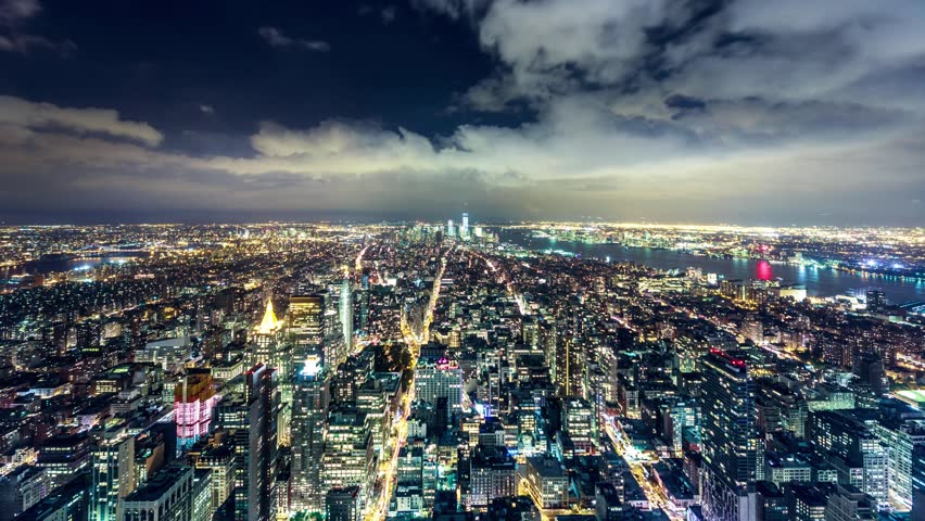 New York City Manhattan At Night Aerial Panorama Cityscape Skyline. 4K ...