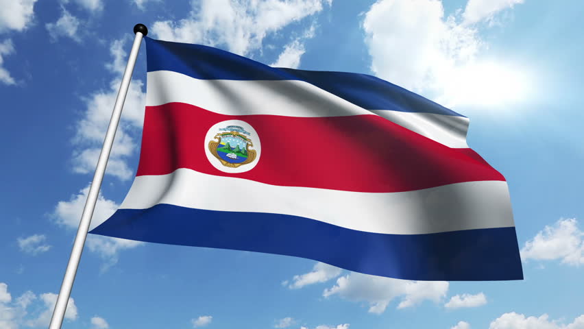 Costa Rica National Flag Waving On Flagpole On Blue Sky Background ...