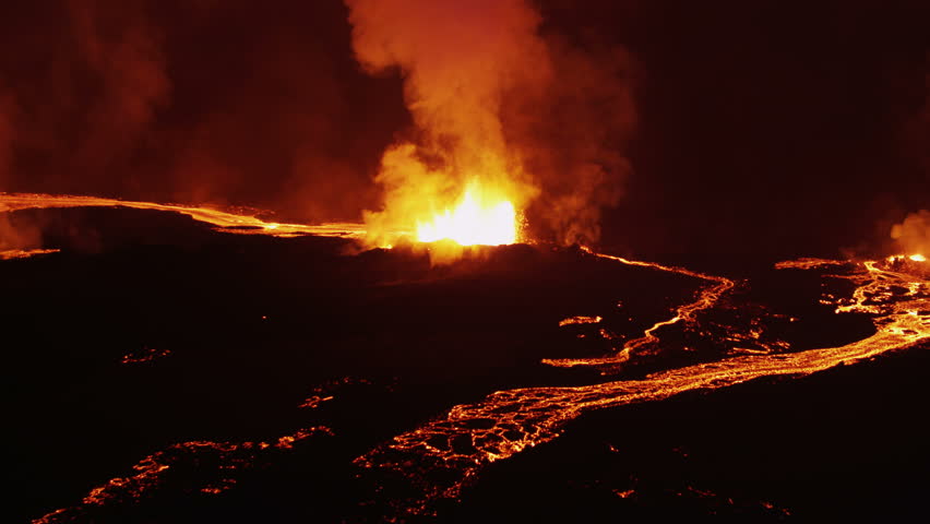 Aerial Night Volcanic Lava Holuhraun Eruption Magma Emerging Land ...