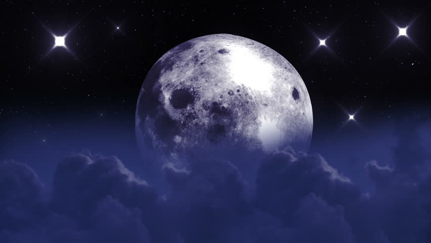 Flying Through Cloudy And Starry Night Sky With Full Moon. Loopable ...