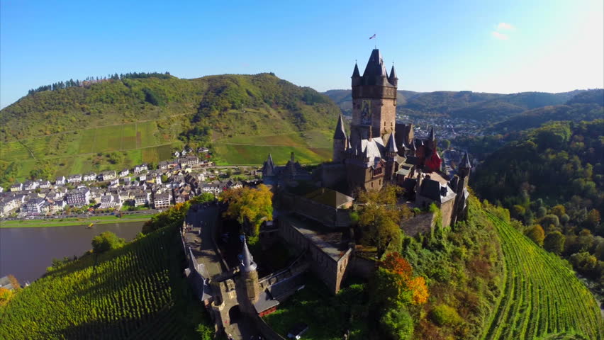 Old European Castle Vine Hills, River Aerial Medieval Fort Above Stock ...