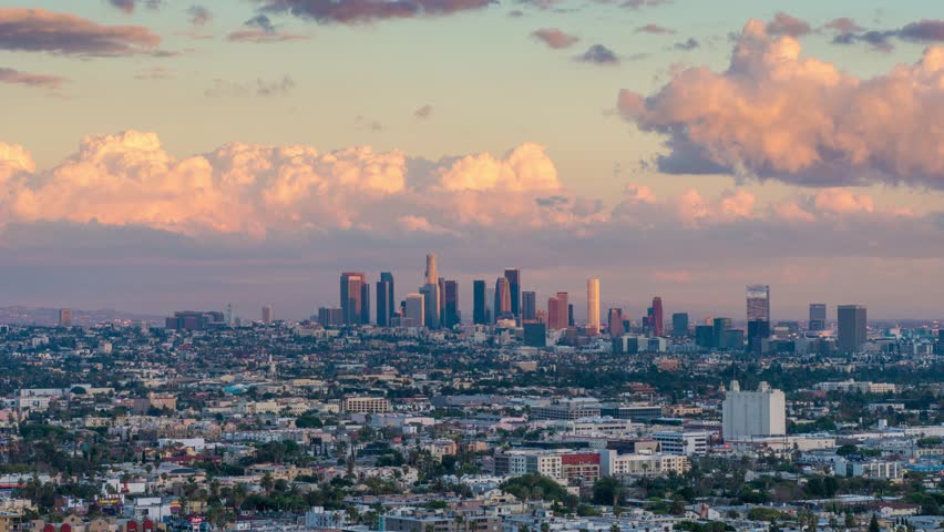 Los Angeles City Skyline, Sunset Warming Filter. Zoom-in On Downtown ...